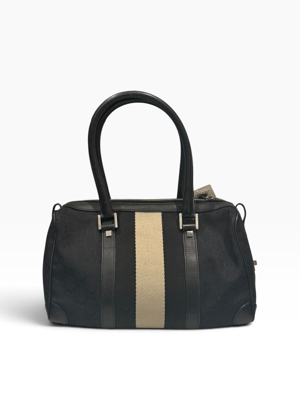 Vintage Gucci Black GG Monogram Canvas Web Stripe Boston Bag / Top Handle Bag.